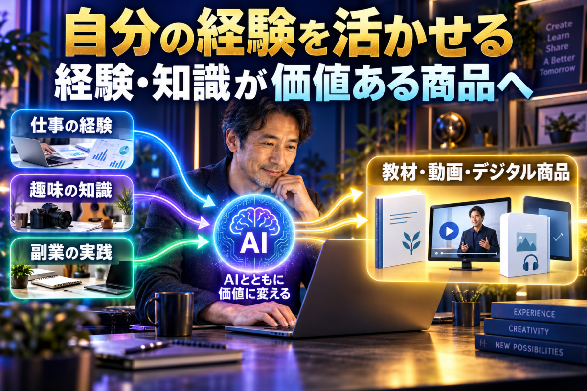 仕事・趣味・副業で得た経験や知識を生成AIで整理し、教材・動画・デジタル商品へ変える流れ