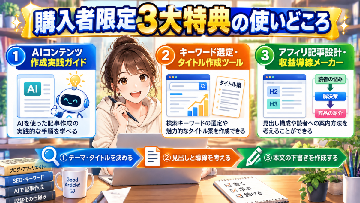 購入者限定3大特典の使いどころ|AIコンテンツ作成実践ガイド・キーワード選定とタイトル作成ツール・アフィリ記事設計と収益導線メーカーの活用方法