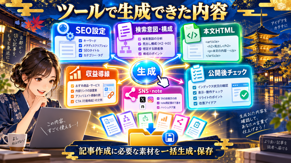 AI記事作成ツールでSEO設定・検索意図と構成・本文HTML・収益導線・SNS投稿文・公開後チェックを一括生成するイメージ