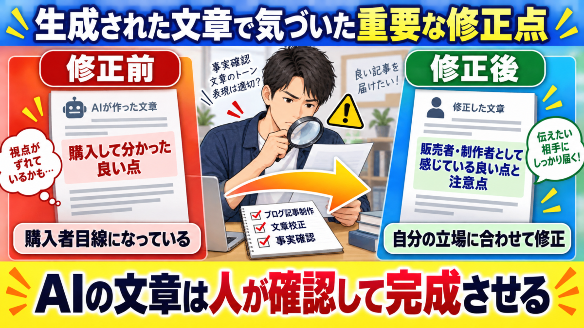 AIが生成した購入者目線の文章を確認し、販売者・制作者の立場に合う表現へ修正する重要性を示したイメージ