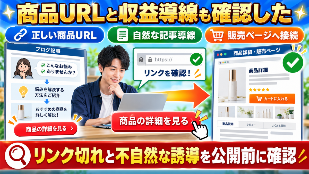 ブログ記事の商品URLと収益導線を確認し、読者が自然に正しい販売ページへ進めるか点検しているイメージ