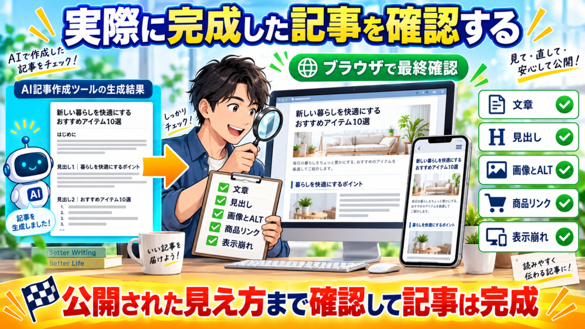 AI記事作成ツールで完成した記事をブラウザで開き、文章・見出し・画像とALT・商品リンク・表示崩れを確認するイメージ