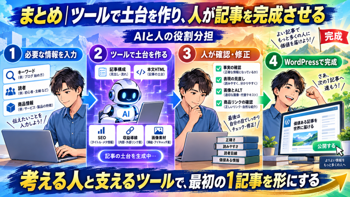 必要な情報を入力し、AIツールで記事の土台を作り、人が確認・修正してWordPress記事を完成させる流れのイメージ