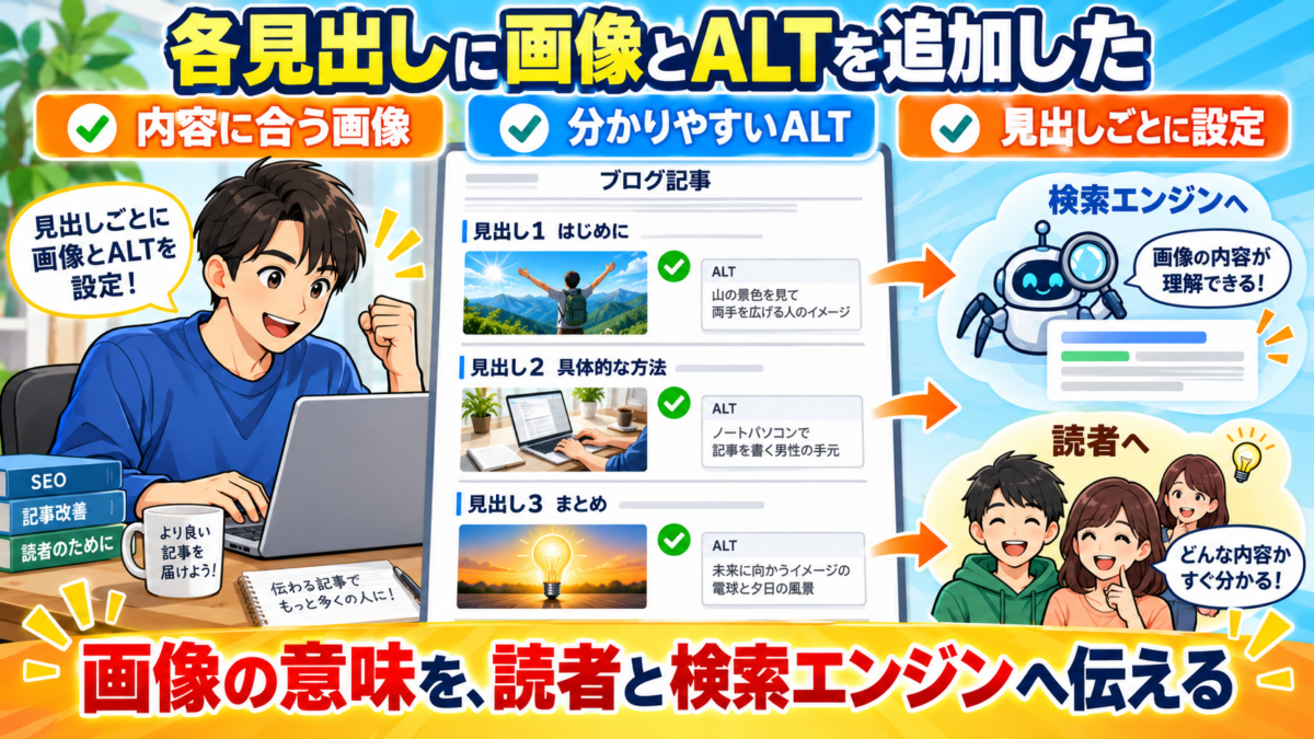 完成したブログ記事の各見出しに内容に合う画像とALTを設定し、読者と検索エンジンへ画像の意味を伝える作業イメージ