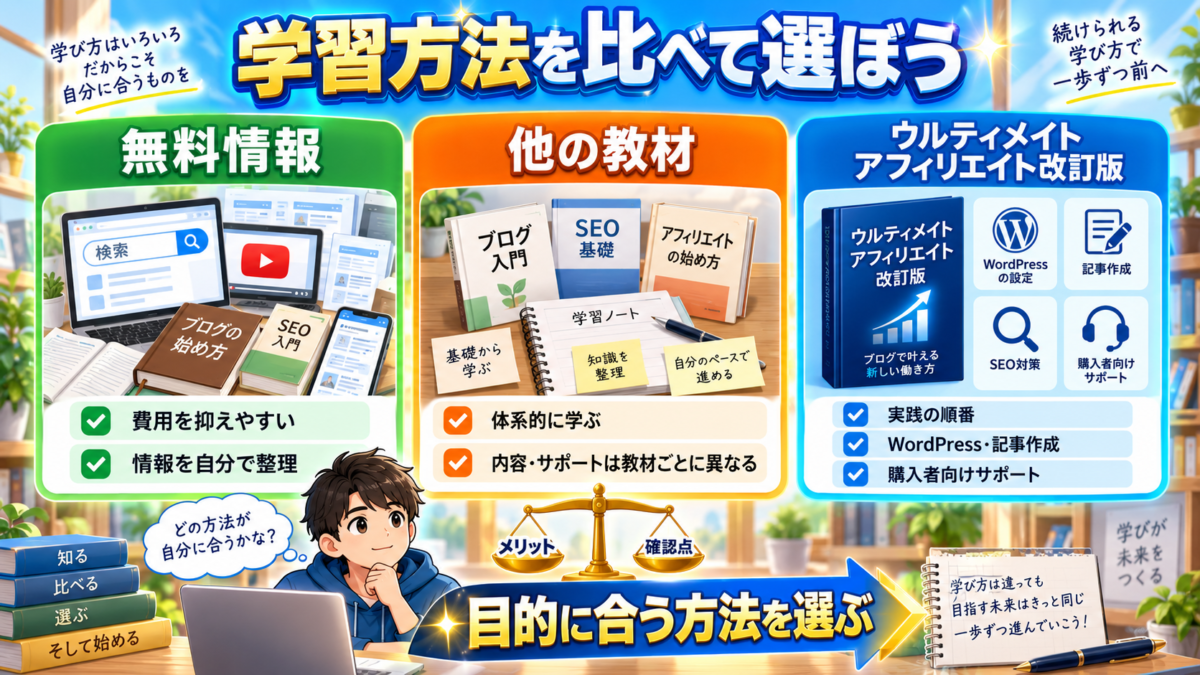 アフィリエイト初心者が無料情報・他の教材・ウルティメイトアフィリエイト改訂版の特徴を比較して学習方法を選ぶイメージ