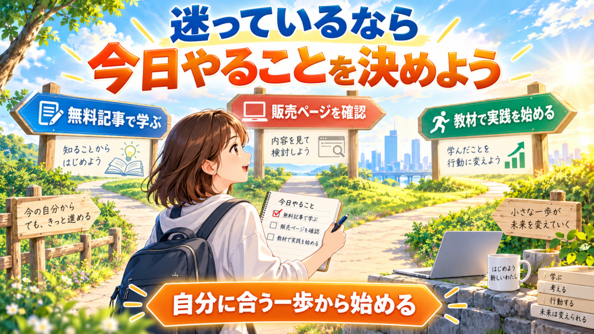 迷っているブログ初心者が無料記事・販売ページ・教材での実践から、自分に合う今日の一歩を選ぶイメージ