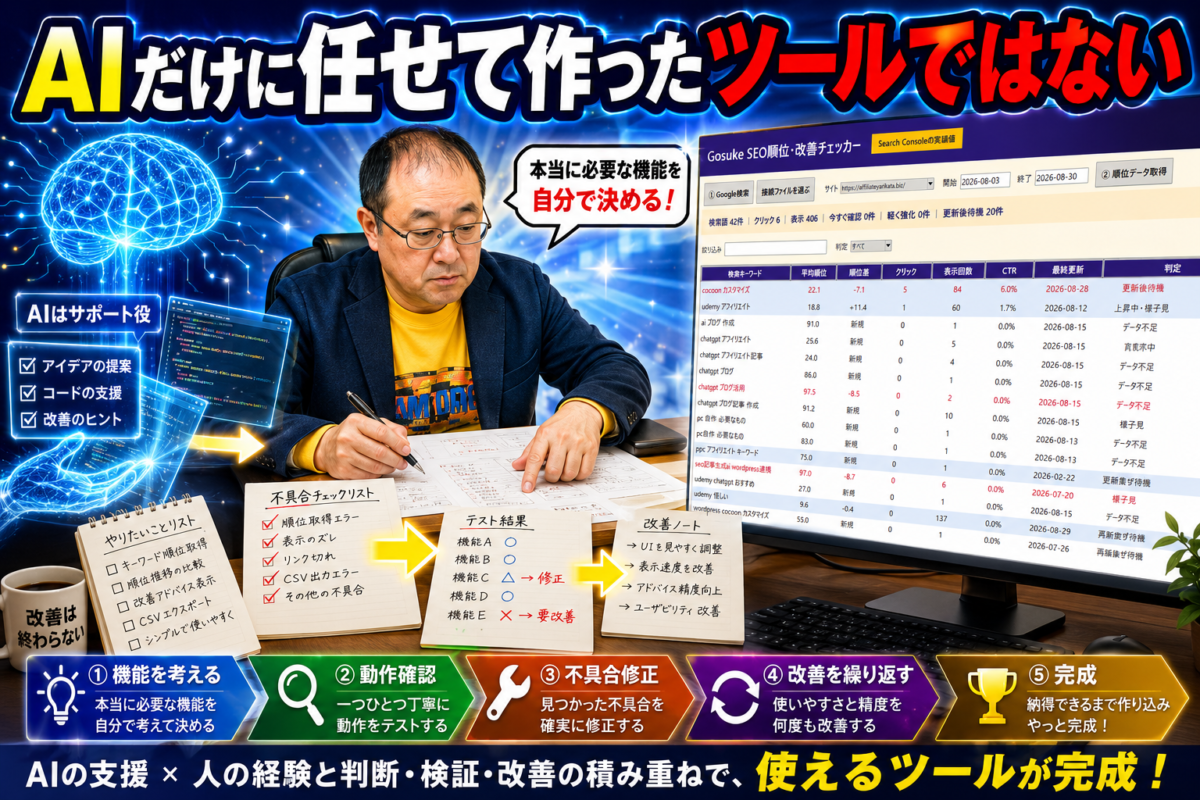 AIの支援だけに任せず自分で必要な機能を考え動作確認や不具合修正を繰り返してツールを開発する様子
