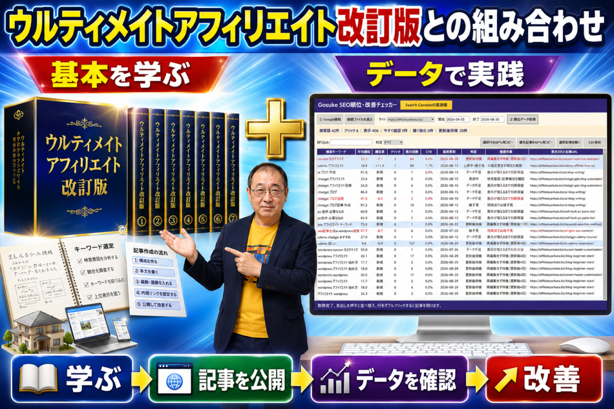 ウルティメイトアフィリエイト改訂版で基本を学びSEO順位・改善チェッカーで検索データを確認して改善する流れ