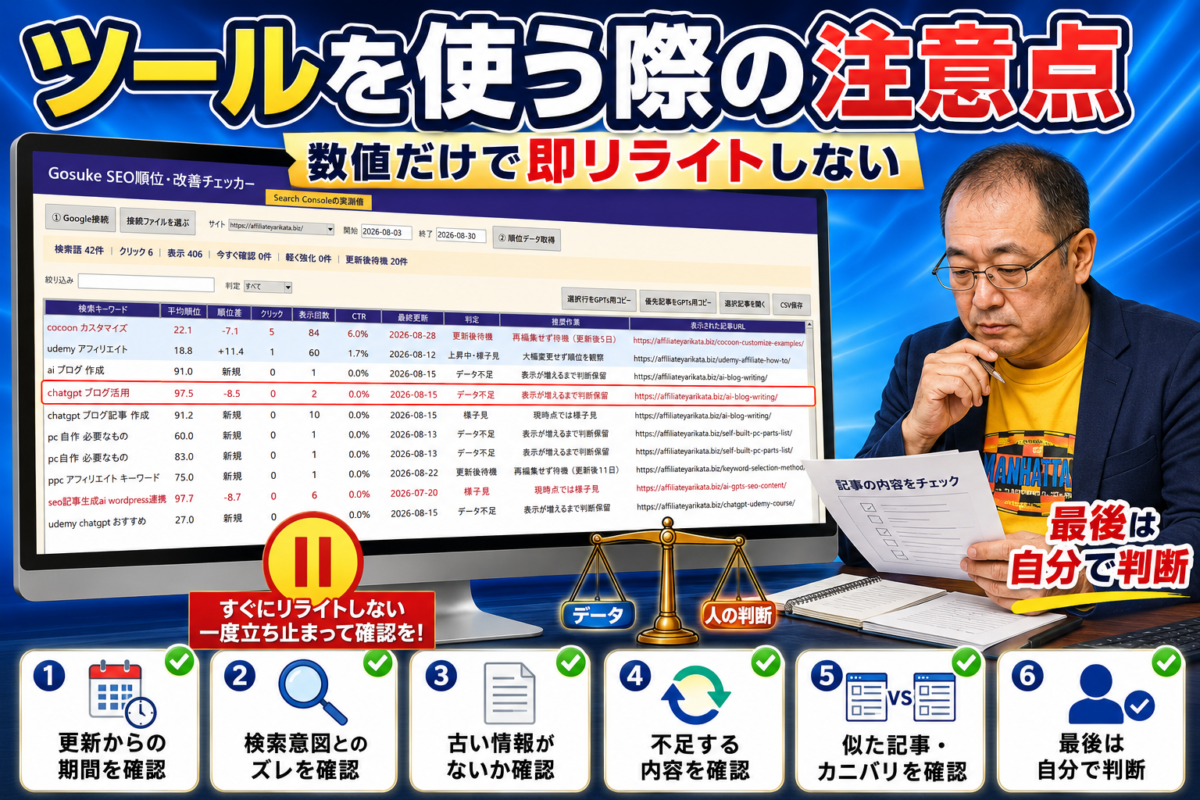 ツールの数値だけですぐリライトせず更新時期や検索意図、古い情報、カニバリを確認して自分で判断する注意点