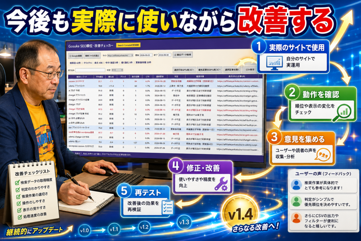 実際のサイトでツールを使用し動作確認や修正、再テストを繰り返しながら継続的に改善する様子