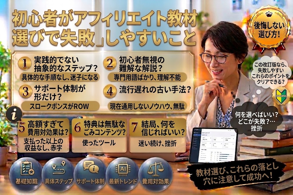 「初心者がアフィリエイト教材選びで失敗しやすいこと」と題したインフォグラフィック画像。眼鏡をかけた女性のイラストとともに、教材選びで注意すべき7つの落とし穴（1. 実践的でない抽象的なステップ、2. 初心者無視の難解な解説、3. サポート体制が形だけ、4. 流行遅れの古い手法、5. 高額すぎて費用対効果は？、6. 特典は無駄なごみコンテンツ？、7. 結局、何を信じればいい？）が箇条書きで分かりやすく解説されています。