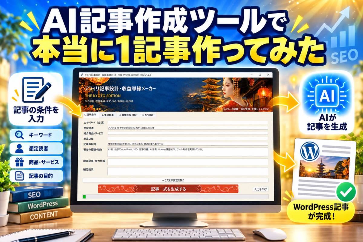 記事作成京都エディションへ条件を入力しAIでWordPress記事を完成させる流れ