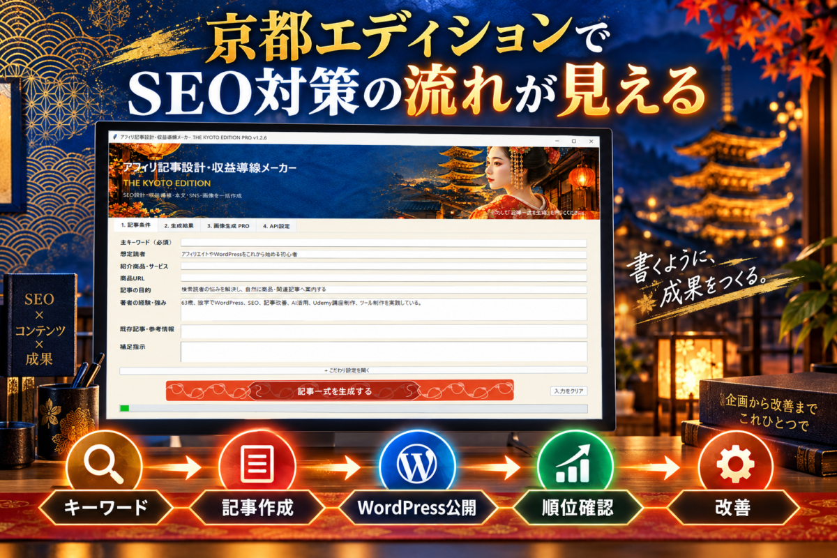 記事作成京都エディションでキーワード選定から順位確認と改善までのSEO対策の流れを学ぶ