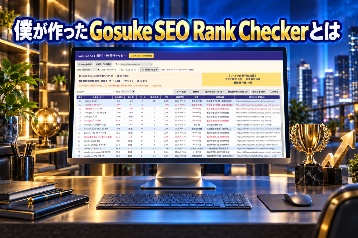 僕が作ったGosuke SEO Rank Checkerで検索順位と改善候補を確認する画面