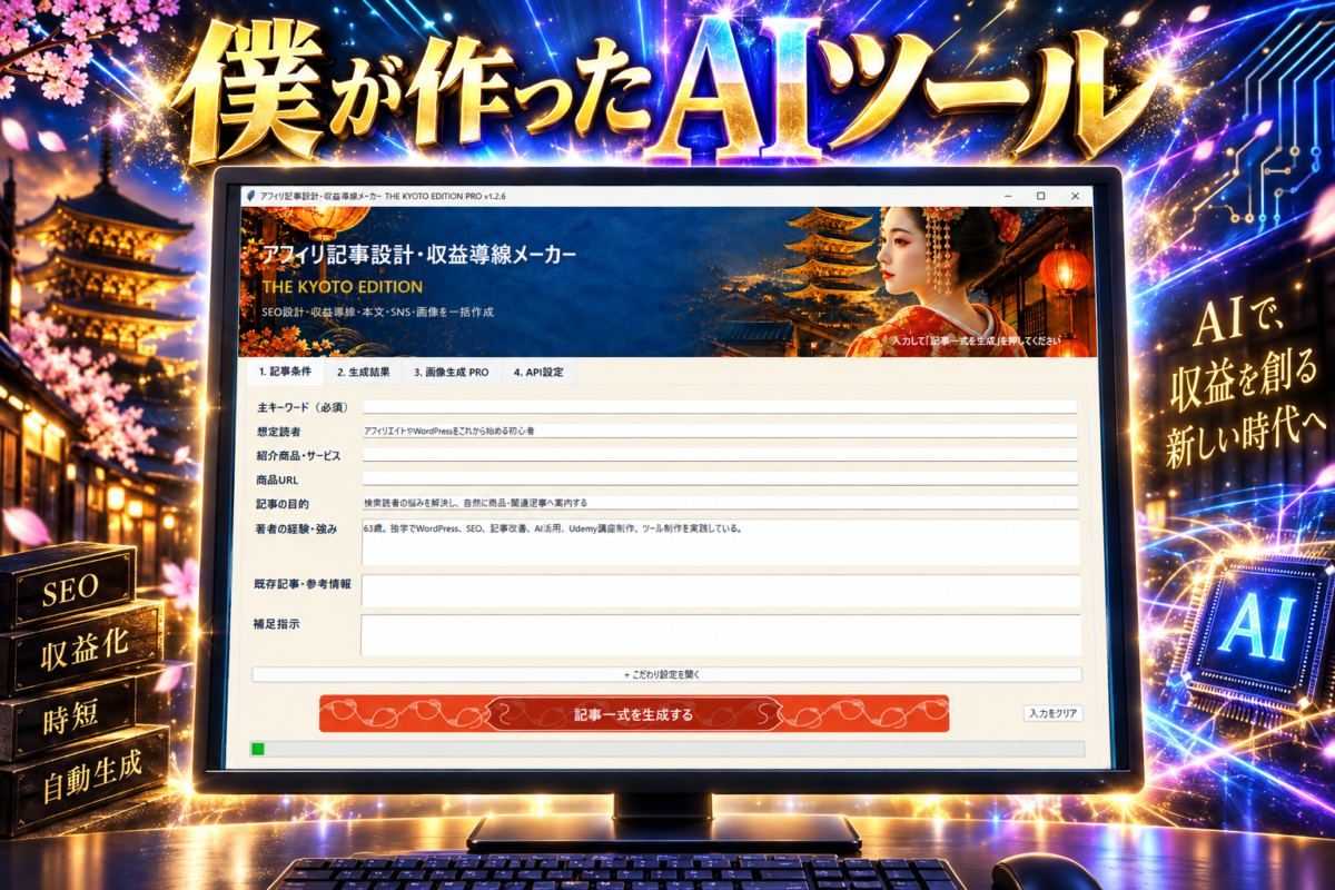 僕が作ったAI記事作成ツール「THE KYOTO EDITION PRO」の実際の操作画面