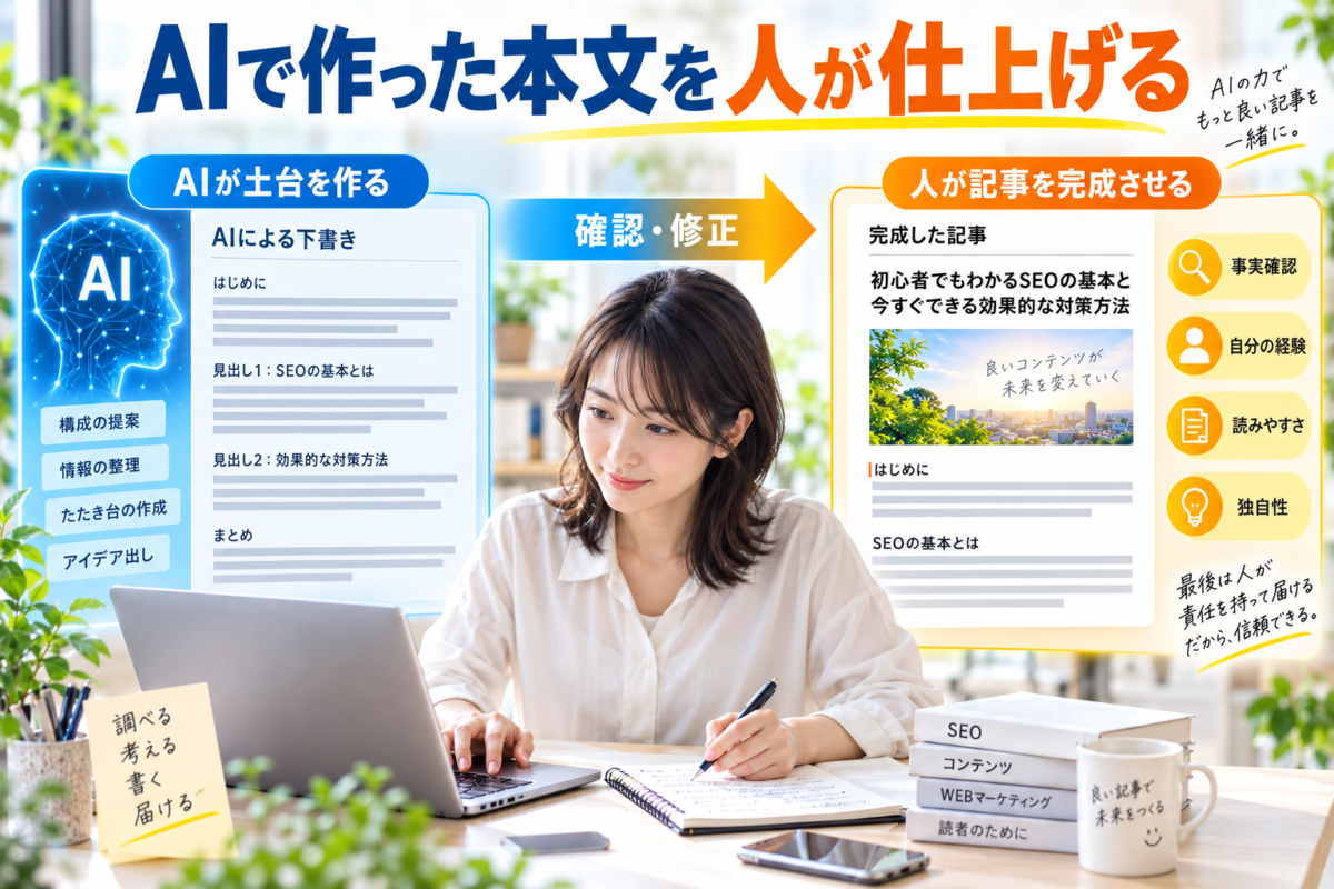 AIが作った本文の土台に事実確認や自分の経験を加えて人が記事を完成させる