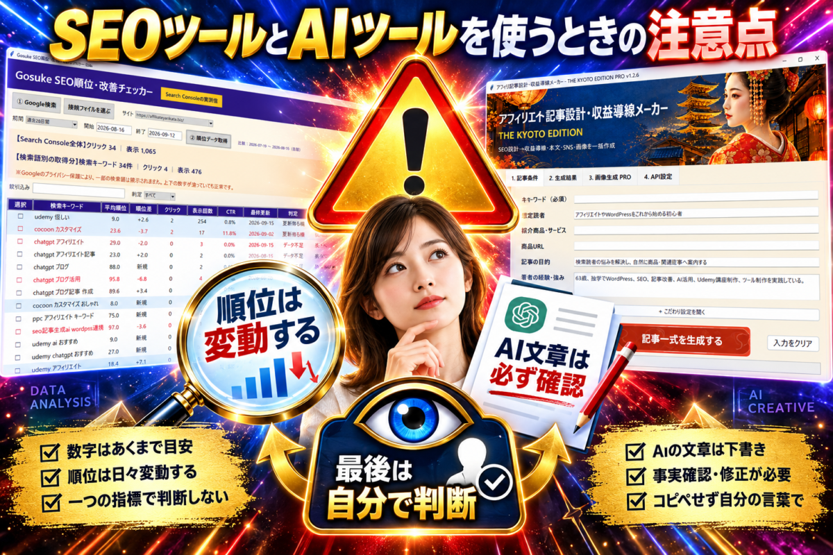 SEOツールの順位データとAI生成文章を確認し、最後は自分で判断する注意点