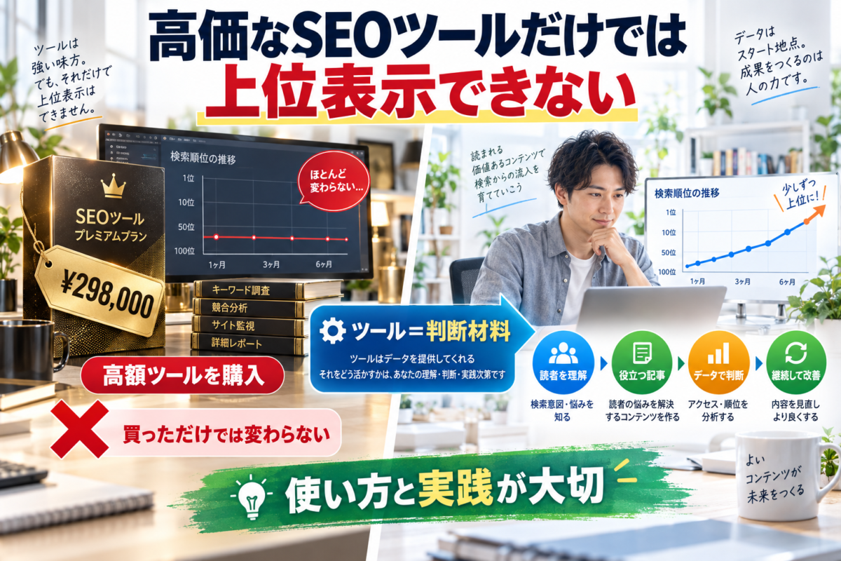 高価なSEOツールを購入するだけでは上位表示できず使い方と継続的な改善が重要