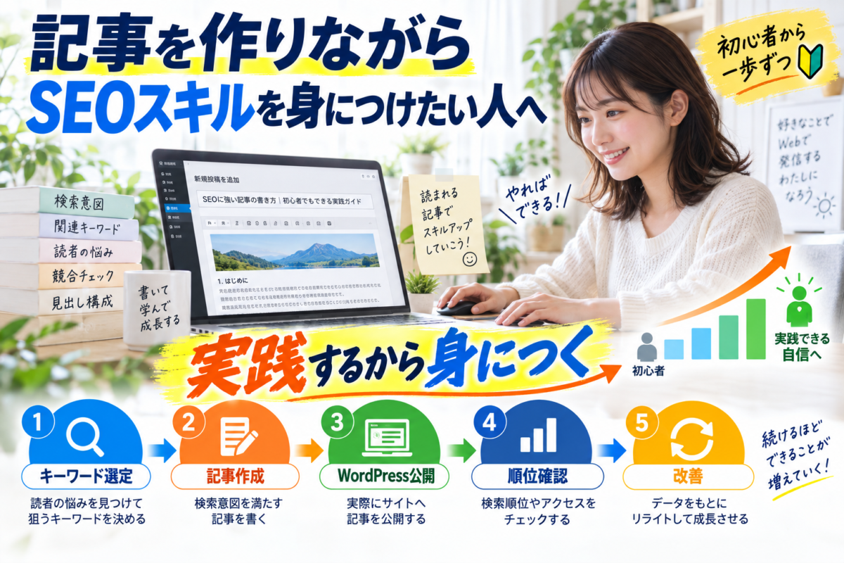 記事を作りながらキーワード選定から順位確認と改善までのSEOスキルを身につける初心者