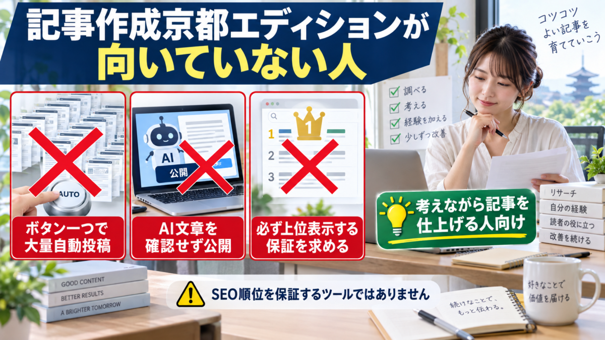 大量自動投稿や順位保証を求める人には記事作成京都エディションが向いていない理由
