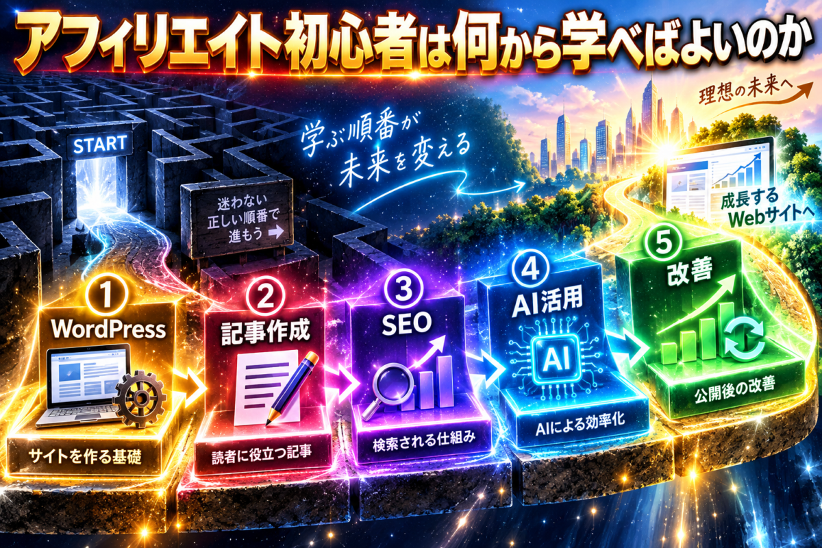 アフィリエイト初心者がWordPress、記事作成、SEO、AI活用、改善の順に学ぶロードマップ