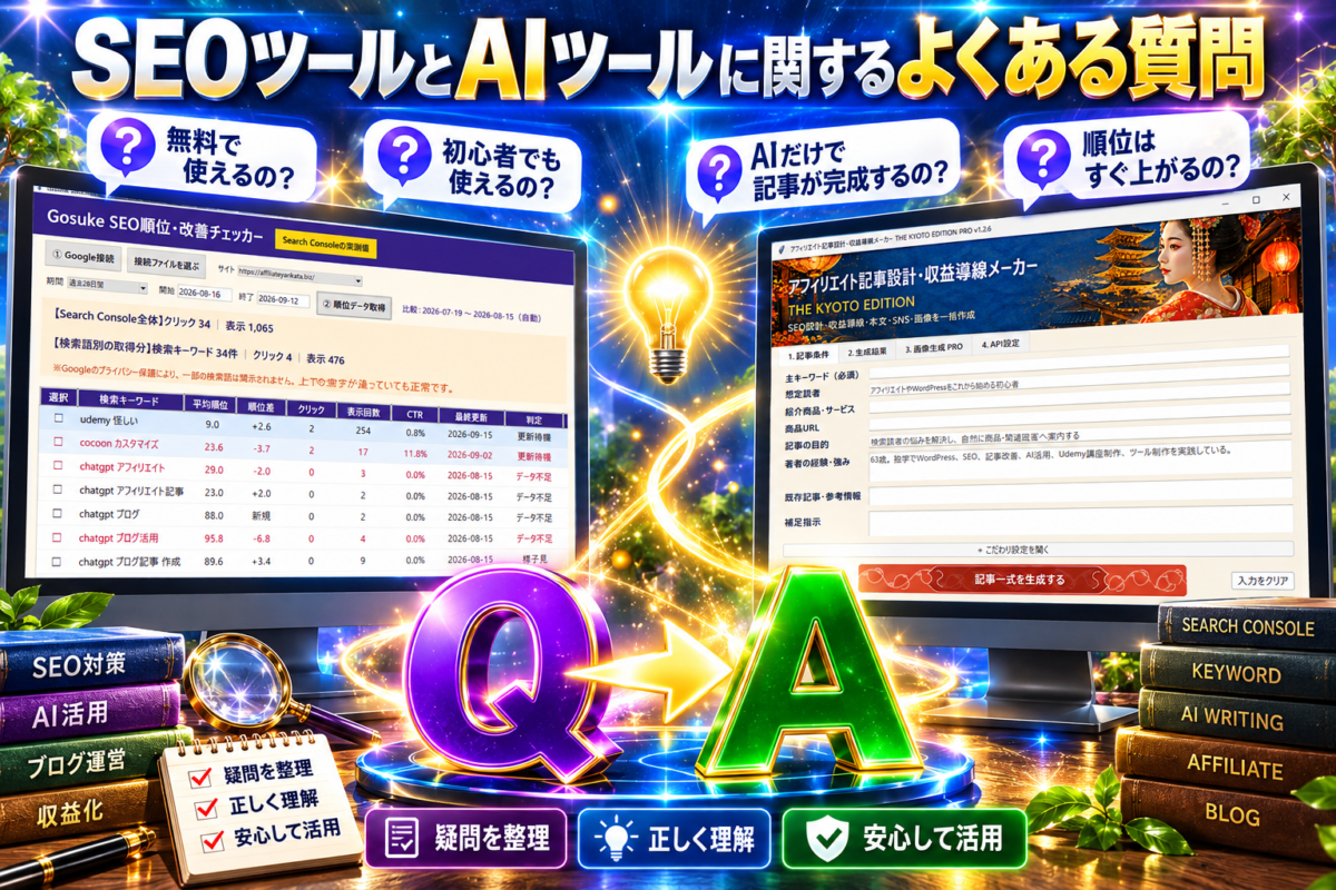 SEOツールとAIツールに関する初心者の疑問を分かりやすく解決するFAQイメージ