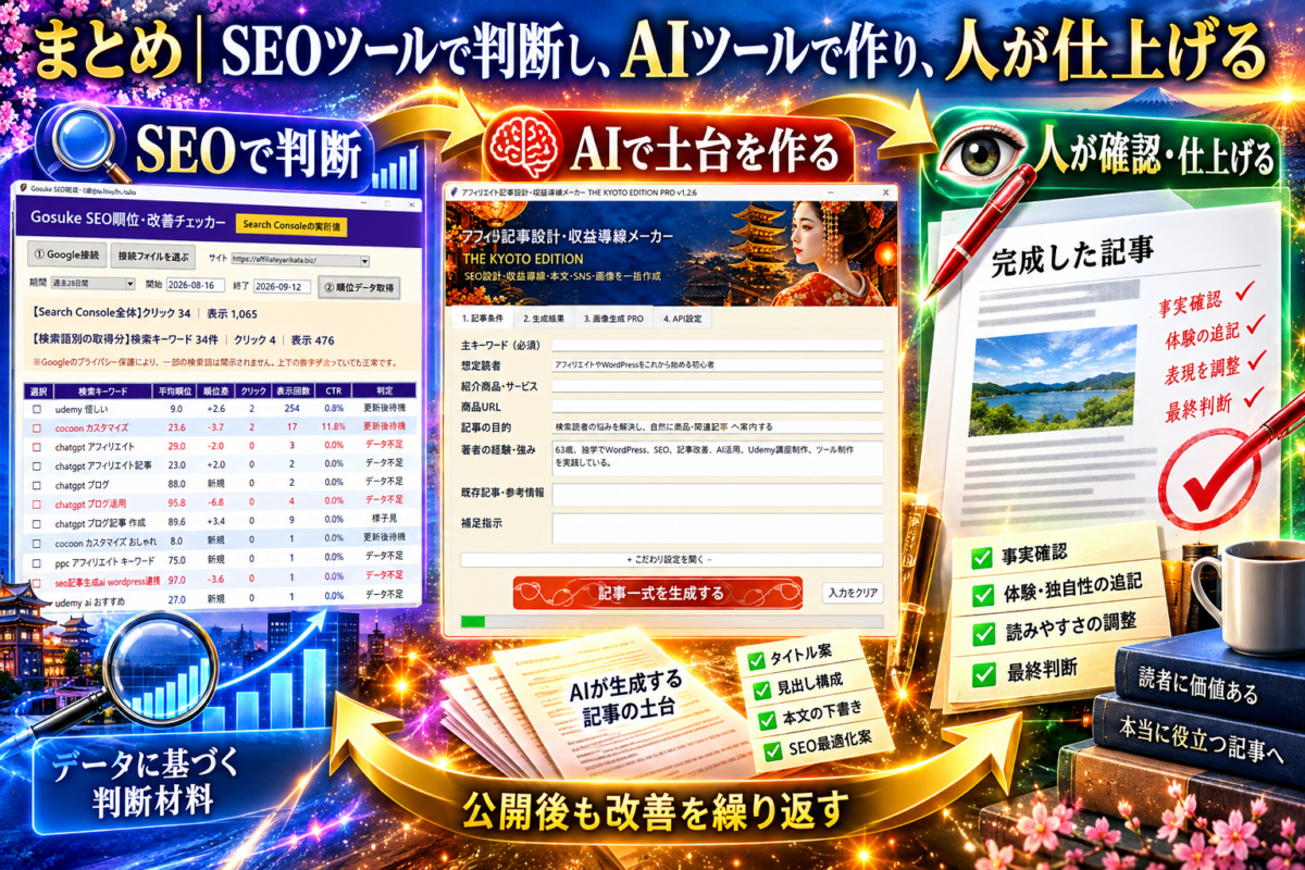 SEOツールで判断し、AIツールで記事の土台を作り、人が確認して仕上げる流れ