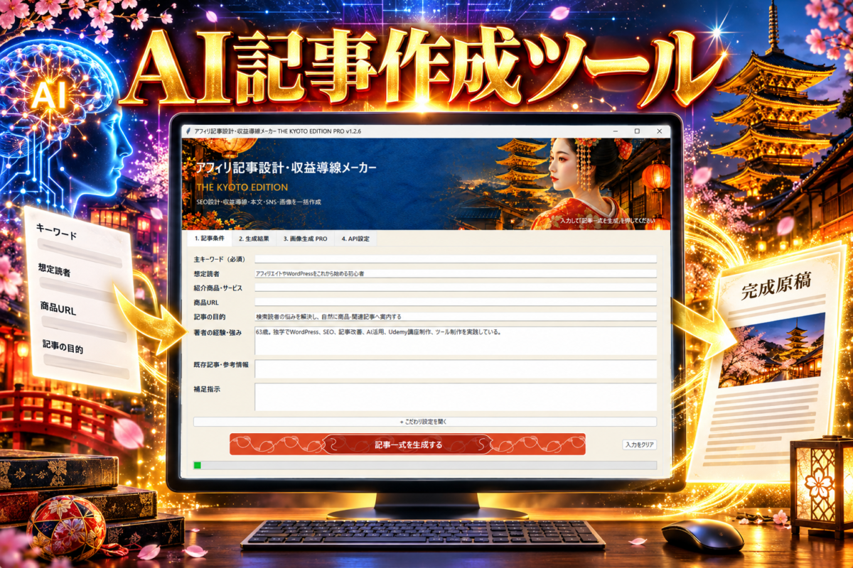 京都エディションの実際の操作画面を使用したAI記事作成ツールのイメージ