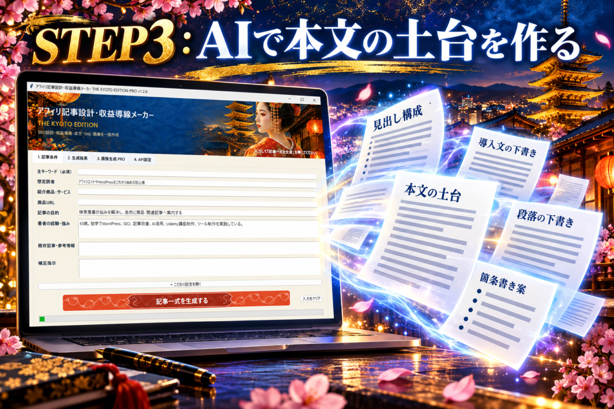 京都エディションを使ってAIで記事本文の土台を作成するイメージ