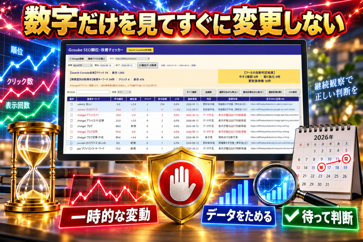 検索順位の数字だけですぐ記事を変更せず、データを蓄積して判断するイメージ