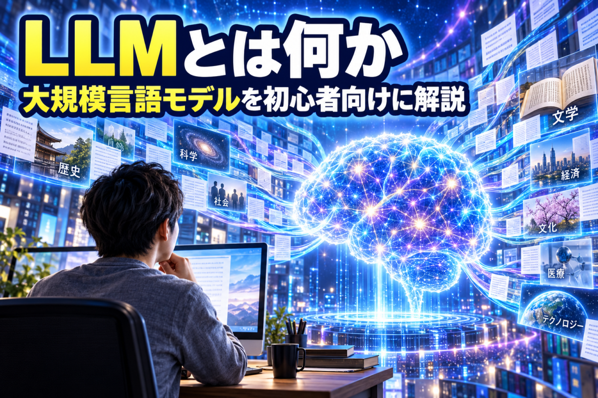 LLMとは何か、大規模言語モデルの意味と仕組みを初心者向けに解説する画像