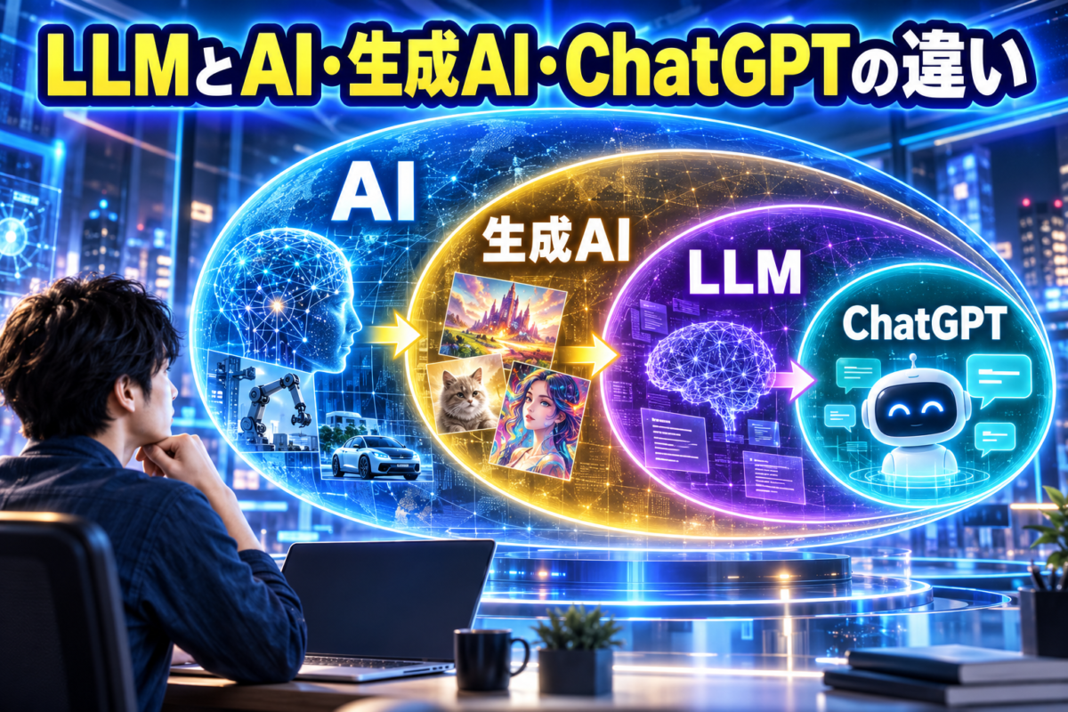 AI、生成AI、LLM、ChatGPTの関係とそれぞれの違いを初心者向けに示した画像