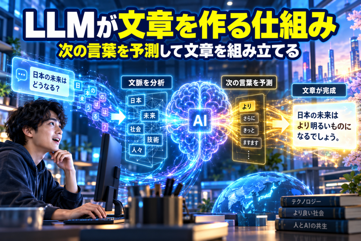 LLMが文脈を分析し、次に続く言葉を予測しながら文章を組み立てる仕組みを示した画像