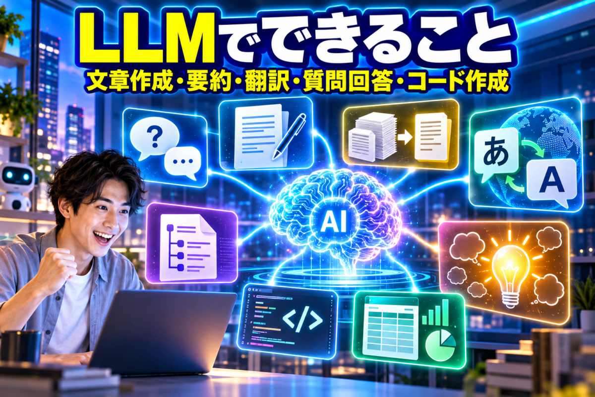 LLMでできる文章作成、要約、翻訳、質問回答、コード作成、データ整理などの活用例を示した画像