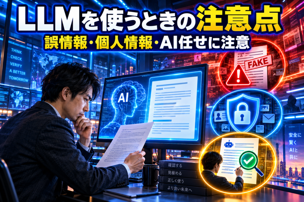 LLMを使う際の誤情報、個人情報の入力、AI任せに注意して人が確認する重要性を示した画像