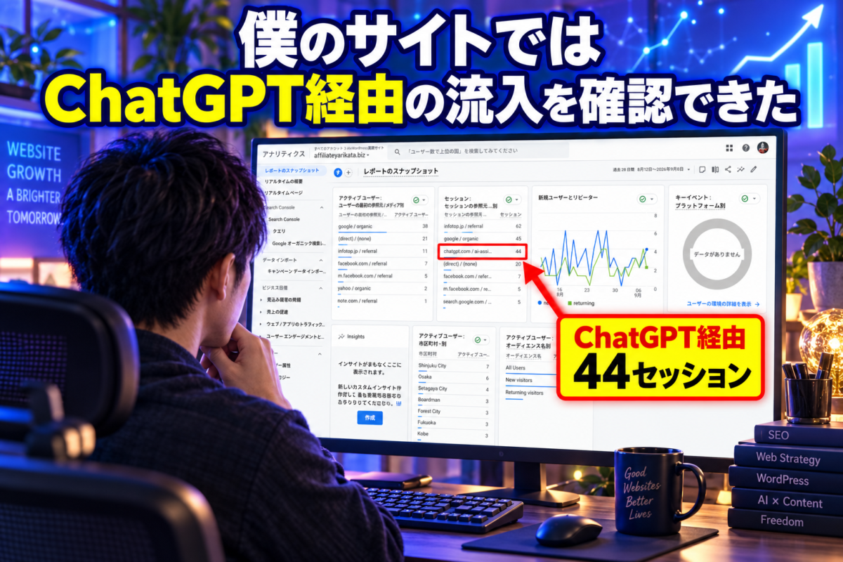 GA4の実際の画面でchatgpt.comから44セッションの流入を確認した様子