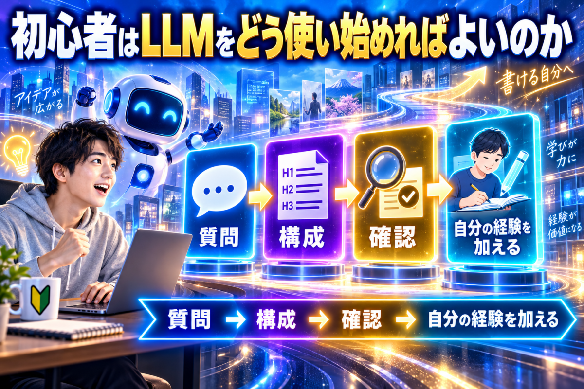 初心者が質問、記事構成、公式情報の確認、自分の経験の追加という順番でLLMを使い始める流れを示した画像