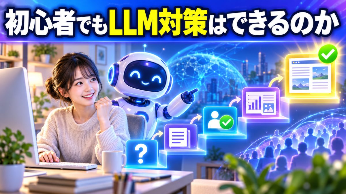 初心者がAIの支援を受けながら段階的にLLM対策へ取り組むイメージ