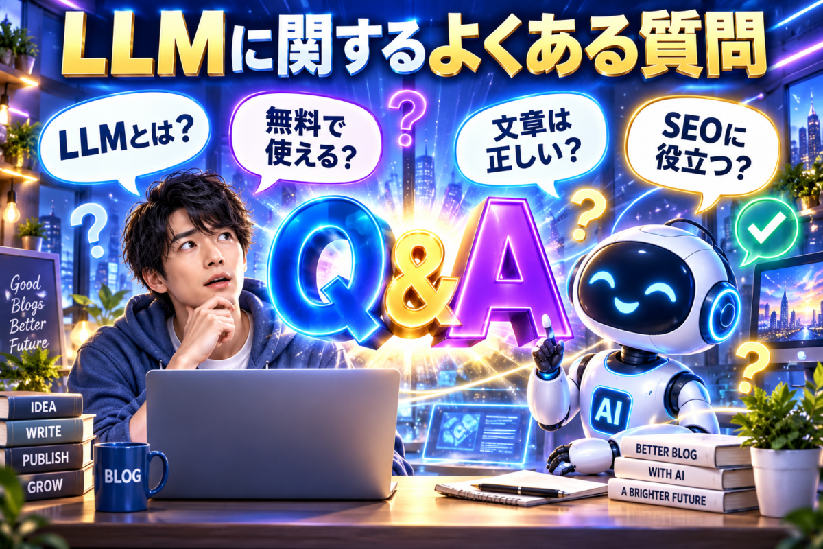 LLMの意味や料金、文章の正確性、SEOへの活用について初心者がAIへ質問している画像