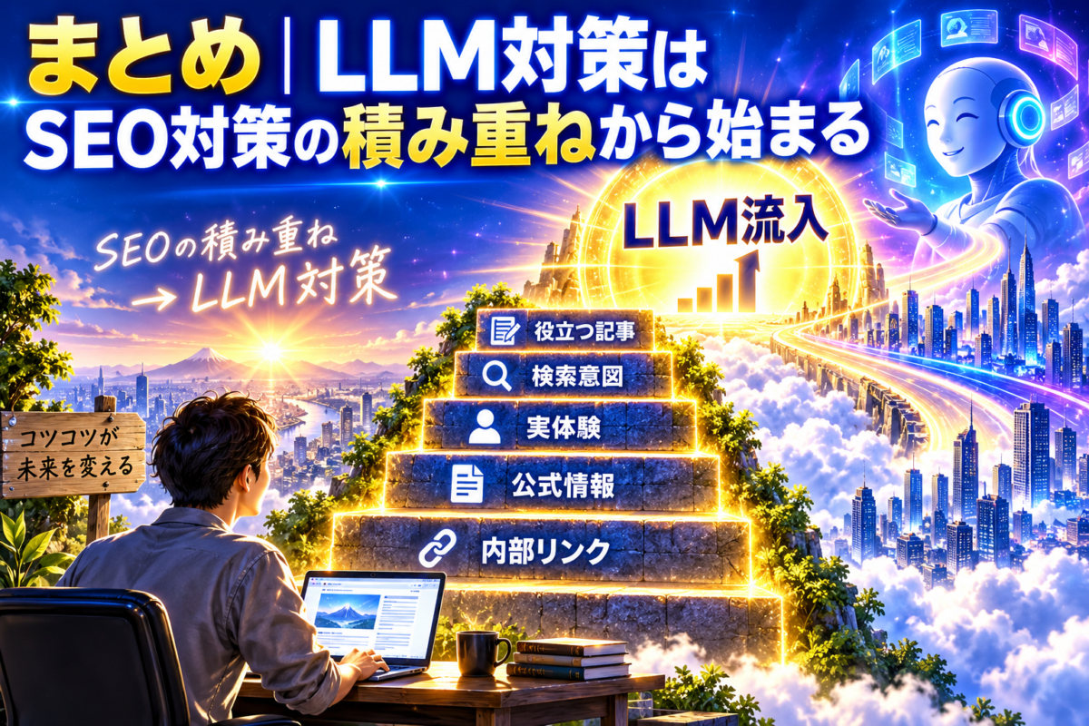 SEO対策の積み重ねがLLMからの流入につながる流れを表したまとめ画像