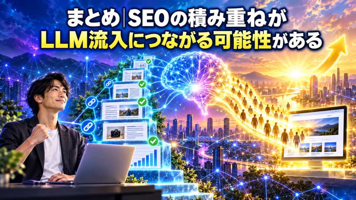 SEOで積み重ねた記事や一次情報がAIを通じたLLM流入につながるイメージ