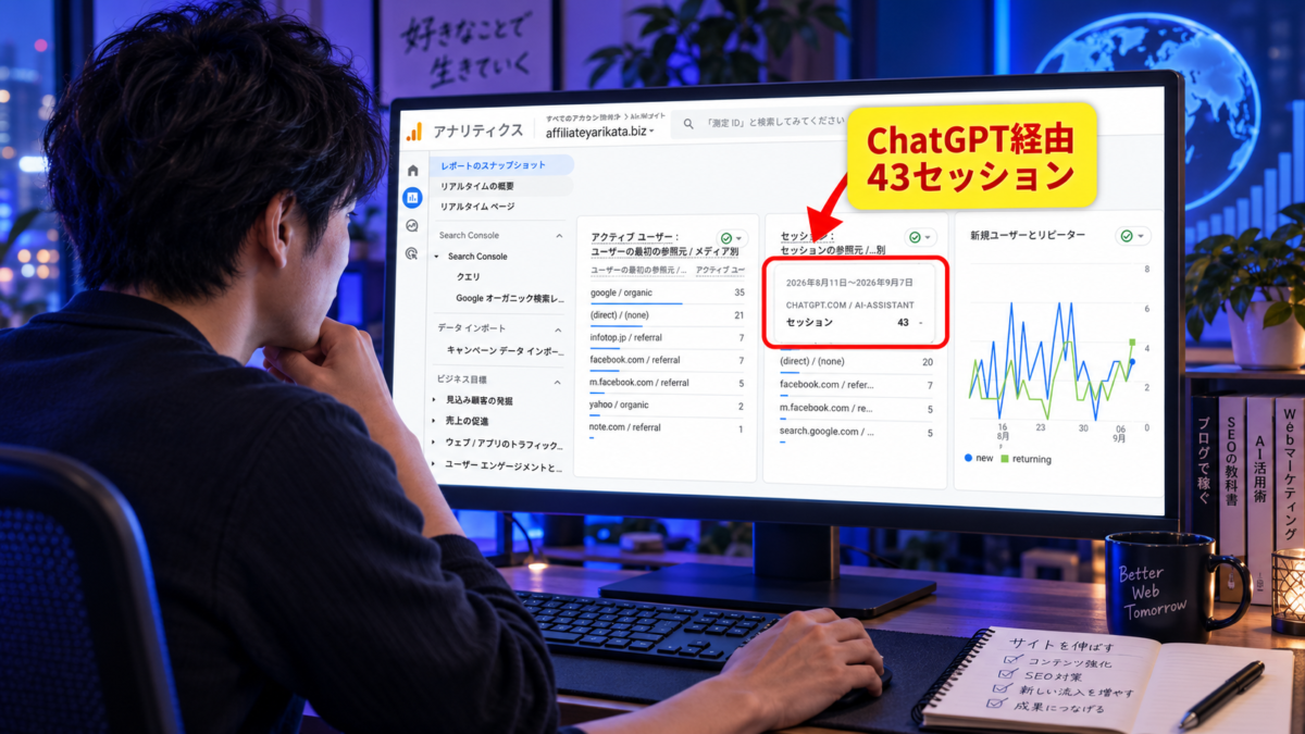 パソコンのGA4画面でChatGPT経由43セッションの実測データを確認する様子