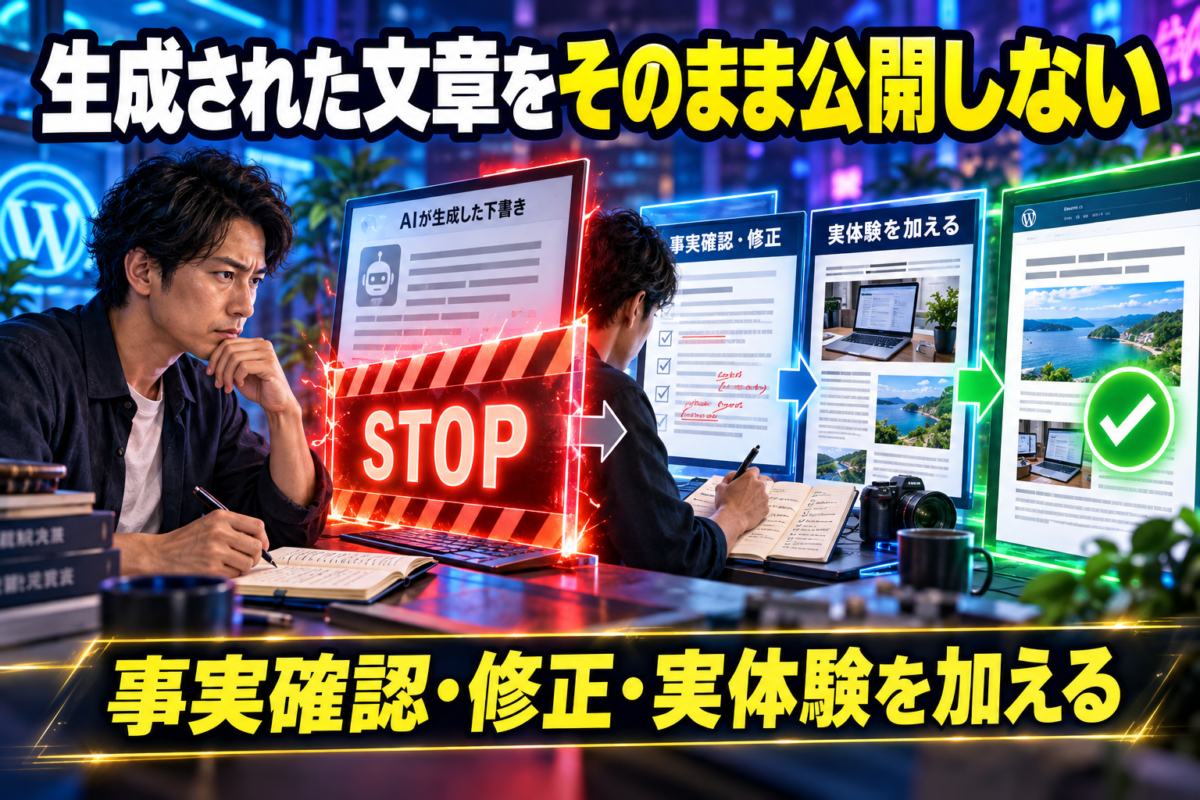 AIが生成した文章をそのまま公開せず、事実確認、修正、実体験を加えてから公開する流れを示した画像