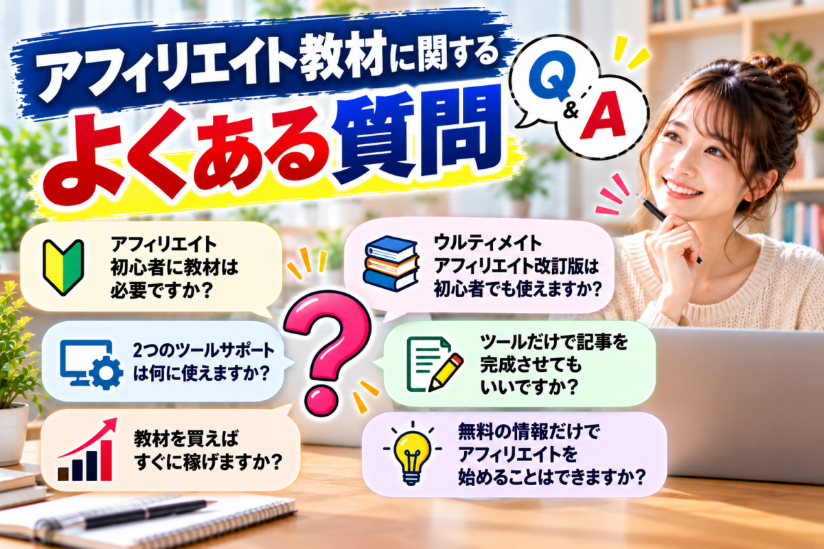アフィリエイト教材に関するよくある質問を紹介するQ&A画像。初心者に教材は必要か、ウルティメイトアフィリエイト改訂版は初心者でも使えるか、2つのツールサポートの用途、教材を買えば稼げるかなどの疑問を解説。