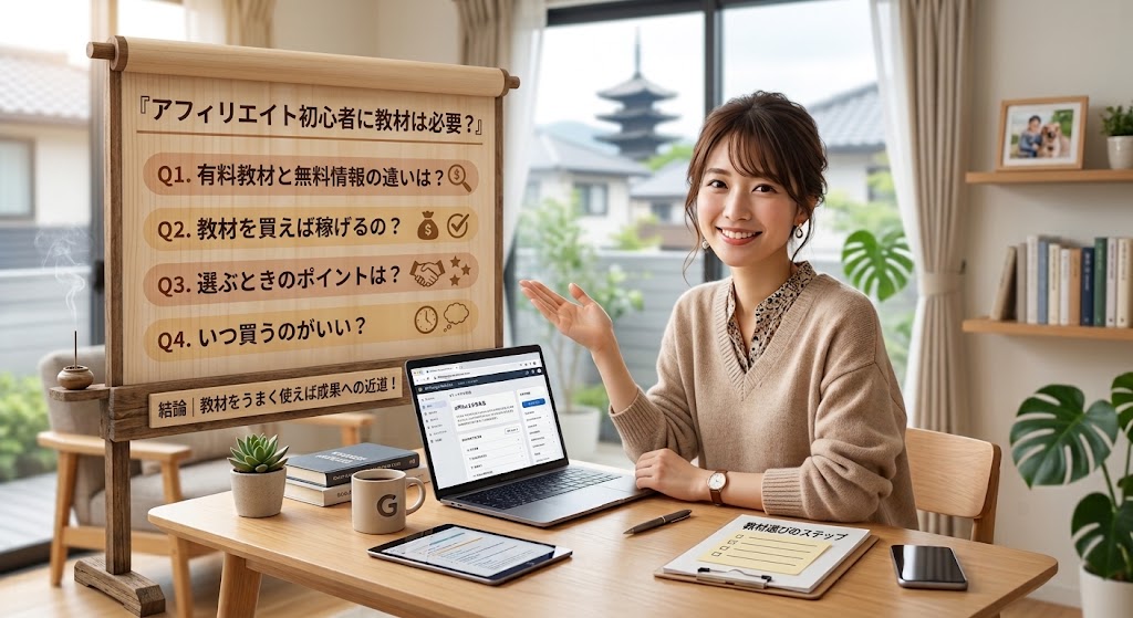 「『アフィリエイト初心者に教材は必要？』というテーマの解説画像。木製のボードに『Q1. 有料教材と無料情報の違いは？』『Q2. 教材を買えば稼げるの？』『Q3. 選ぶときのポイントは？』『Q4. いつ買うのがいい？』という4つの質問と、下部に『結論｜教材をうまく使えば成果への近道！』というまとめが表示されている。右側では女性がデスクで笑顔で解説している。」