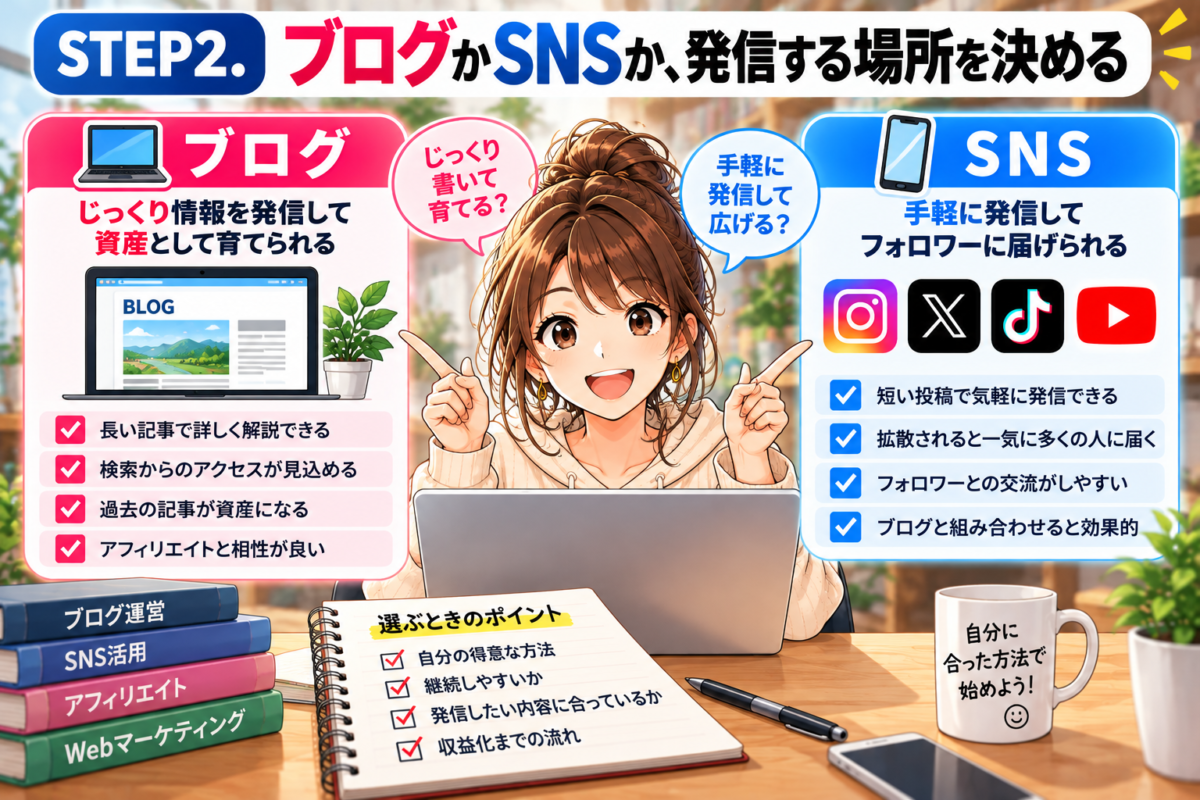 ブログとSNSの特徴を比較し、アフィリエイトの情報発信に適した場所を選ぶ方法を解説する図解。ブログの検索集客と詳しい記事作成、Instagram・X・TikTokなどのSNSによる情報発信の違いを紹介。