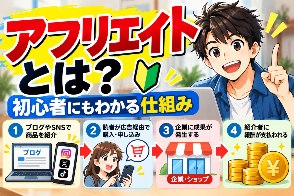 アフリエイトとは何かを初心者向けに解説する図解。ブログやSNSで商品を紹介し、購入・申し込みを経て報酬が発生する仕組み