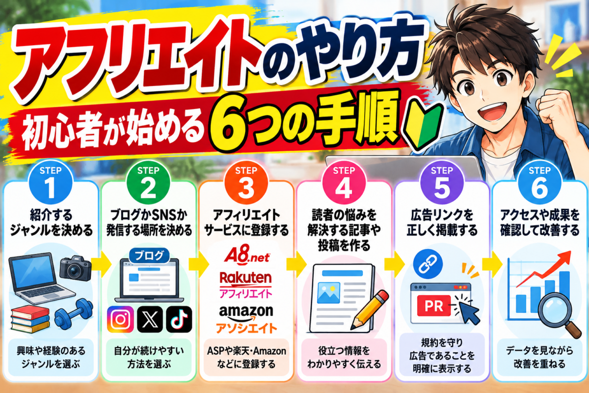 アフリエイトのやり方を初心者向けに解説する6つの手順。ジャンル選び、ブログやSNSの選択、サービス登録、記事作成、広告掲載、成果確認と改善を紹介