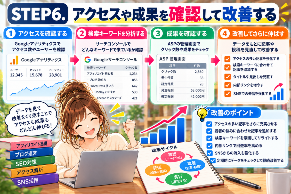 アフィリエイトのアクセス解析と成果改善の方法を解説する図解。Googleアナリティクスでアクセス数を確認し、Googleサーチコンソールで検索キーワードを分析、ASPで成果を確認して記事や内部リンクを改善する手順を紹介。