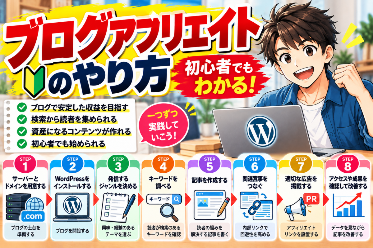 ブログアフィリエイトのやり方を初心者向けに解説する図解。サーバー・ドメインの準備、WordPress導入、ジャンル選定、キーワード調査、記事作成、内部リンク、広告掲載、成果改善の8ステップ